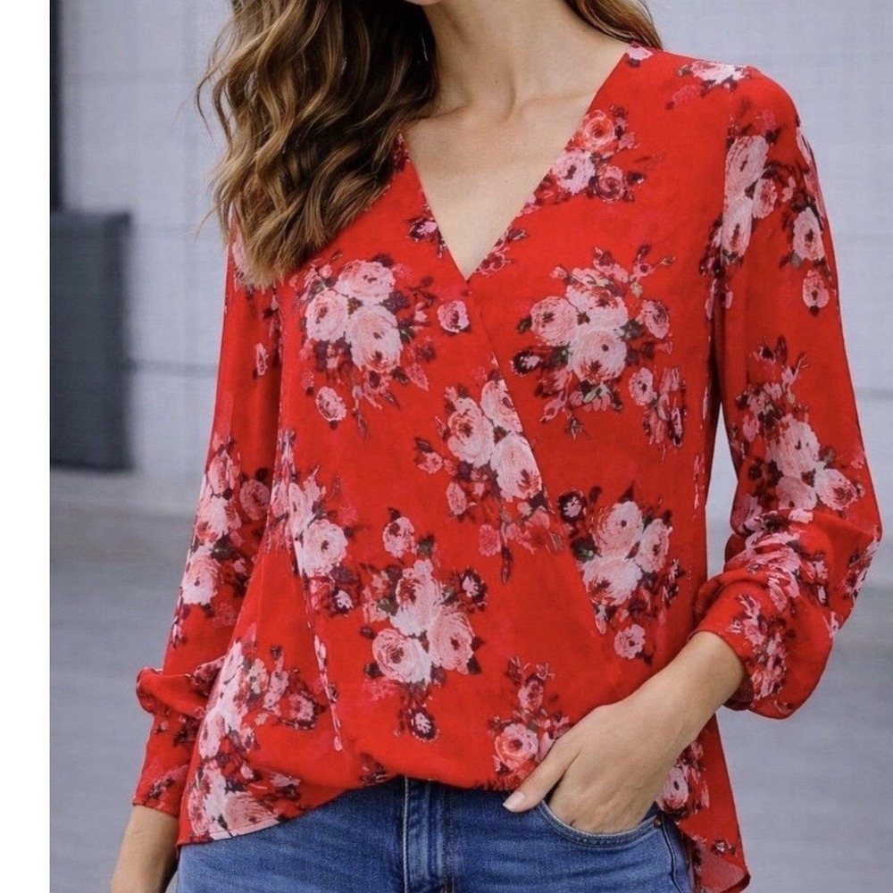 KUT from the Kloth Red Floral Surplice Wrap Blouse Roll Tab Sleeve XL